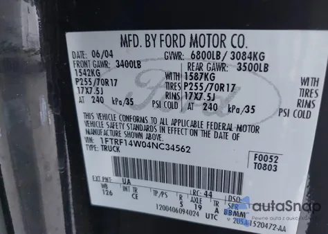 2004 Ford F-150 Stx/Xl/Xlt из США, поврежденный, VIN 1FTRF14W04NC34562